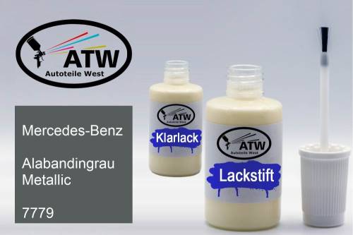 Mercedes-Benz, Alabandingrau Metallic, 7779: 20ml Lackstift + 20ml Klarlack - Set, von ATW Autoteile West.